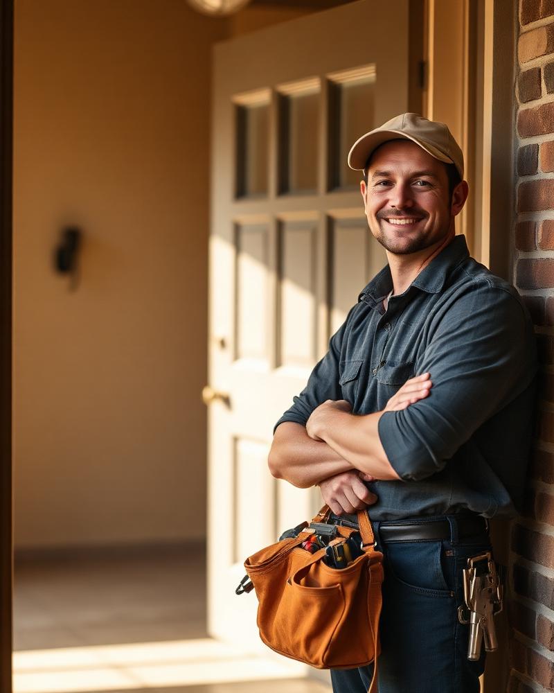A professional with a tool bag at a home doorway
