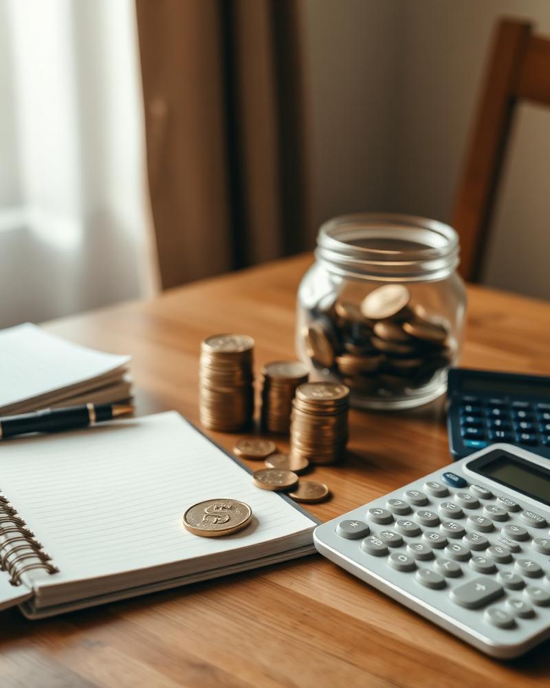 A household budgeting desk with notebook and coins