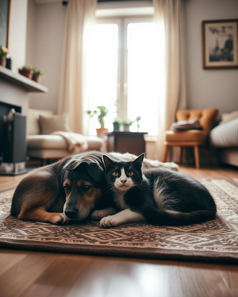 A dog and cat resting in a living room