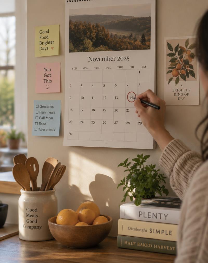 A kitchen wall calendar with a date being marked