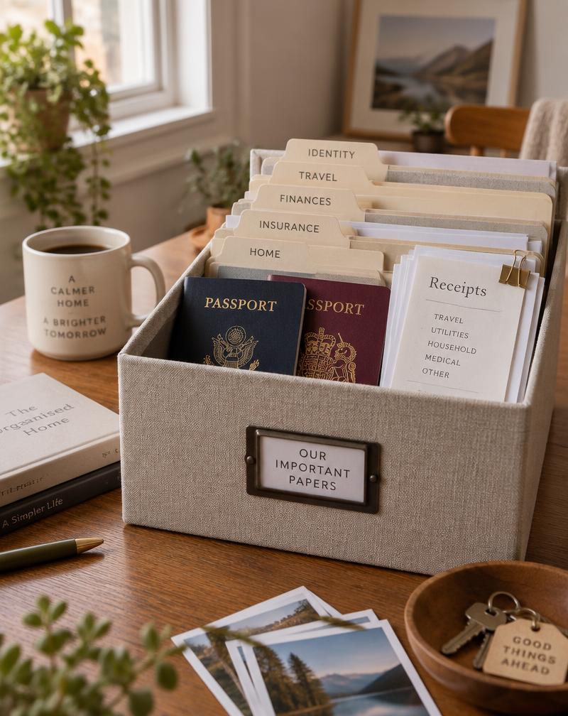 A box of household documents, passports and receipts